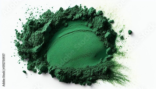 Green pigment. Heap of chlorella or spirulina algae, or matcha, on light background. Superfood concept powder.