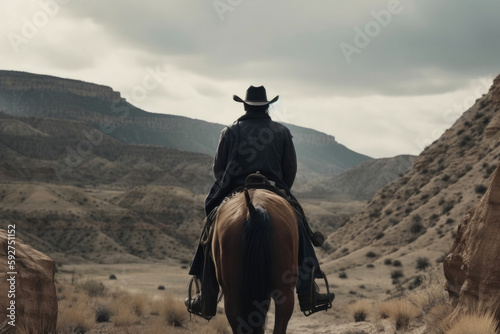 A rear view of a bay horse galloping fast with a rider in the saddle. Generative AI