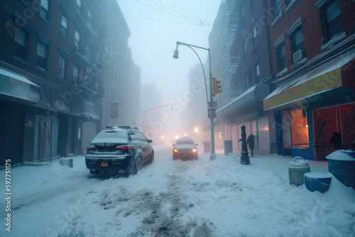 Snow storm in New York, abnormal temperatures, apocalypse. Generative AI