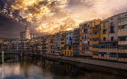 Girona Cathedral seen from the river  Gerona  Spain 