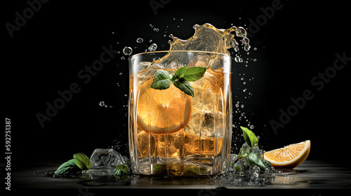 A glass of iced tea with lemon slices and mint leaves, ice cubes are splashing out of the glass and black background - generative AI © Leonardo Maffei