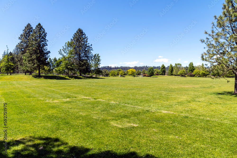 The suburban Mirabeau Point Park in Spokane Valley, Washington, USA on a summer day.	