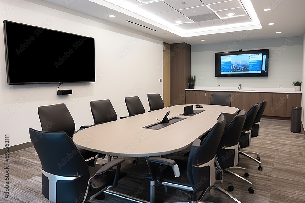 High-tech meeting room with video conferencing capabilities, interactive whiteboards, ergonomic chairs, and advanced audio-visual equipment - Generative AI High-tech meeting room with video conferencing capabilities, interactive whiteboards, ergonomic chairs, and advanced audio-visual equipment - Generative AI