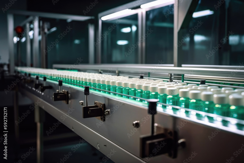 Pharmaceutical industry. Production line machine conveyor at factory with bottles. Generative AI