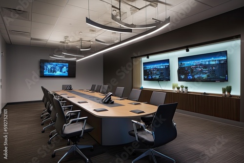 High-tech meeting room with video conferencing capabilities, interactive whiteboards, ergonomic chairs, and advanced audio-visual equipment - Generative AI