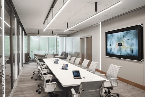 High-tech meeting room with video conferencing capabilities, interactive whiteboards, ergonomic chairs, and advanced audio-visual equipment - Generative AI © Hanjin