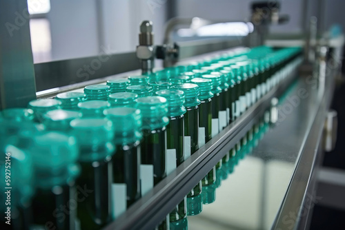 Pharmaceutical production line - conveyor belt with empty injection glass vials. Generative AI