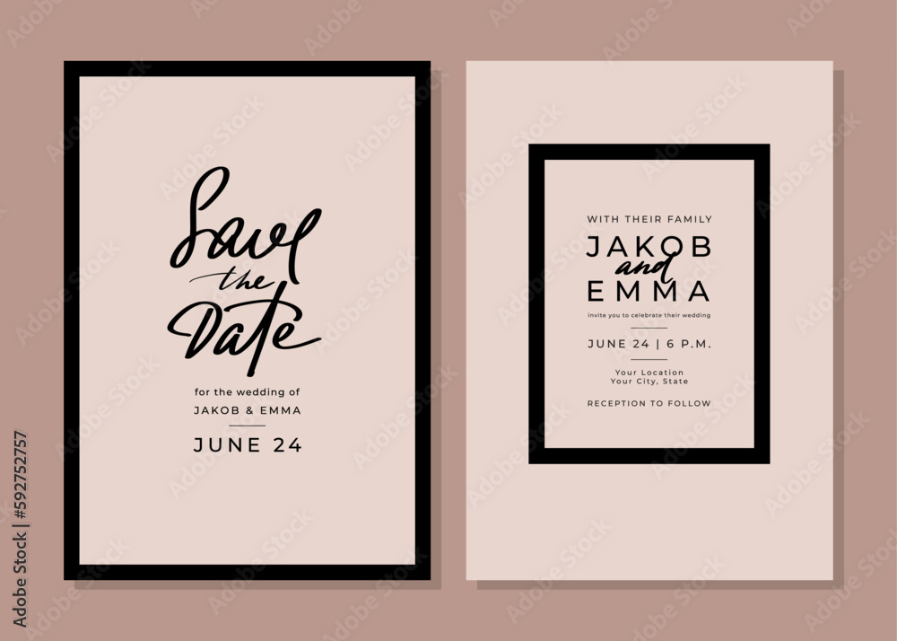 Set of wedding invitation cards. Classical style black and beige templates. Save the date. Layout design with handwritten typography and frame. RSVP