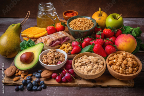 Healthy food clean eating selection: fruit, vegetable, seeds, superfood, cereal, leaf vegetable. Generative AI