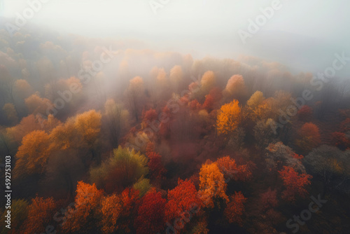 Fog over autumn forest. Generative AI