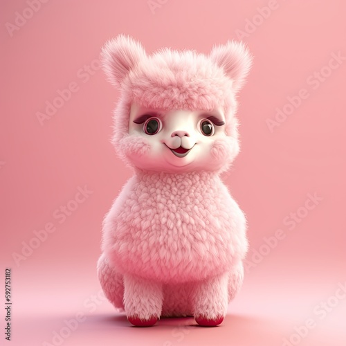 Adorable Pink Alpaca 3D Character Isolated on Pink Background - A Realistic Fluffy Baby Lama Cartoon Illustration 3D Render. Generative AI