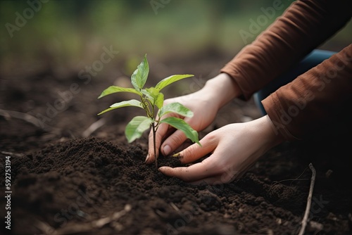 Caring for a New Life: Female Hands Planting a Young Tree for the Future of Our Ecology: Generative AI