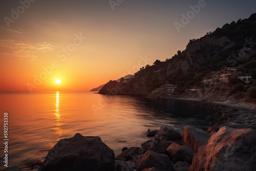 Witness the Magnificence of a Summer Sunset Over the Turkish Bay  Sea  Nature  and Rock Coast. Generative AI