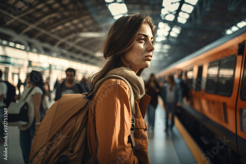 Female traveler with luggage navigating a crowded train station. Generative AI