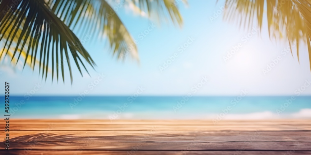 Empty wood table with tropical sea with palm leaves, Background with copy space for product display, Summer vacation, generative ai