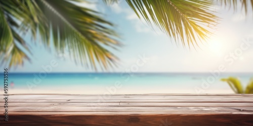 Empty wood table with tropical sea with palm leaves, Background with copy space for product display, Summer vacation, generative ai
