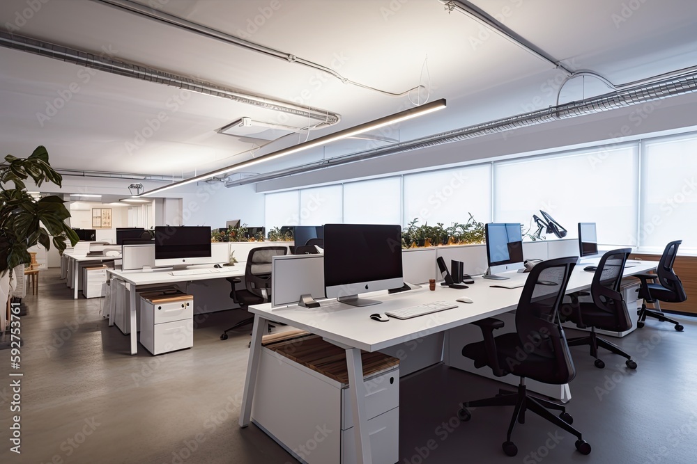 well-organized and efficient workspace with ergonomic desks, ergonomic chairs, task lighting, and ample storage solutions - Generative AI well-organized and efficient workspace with ergonomic desks, ergonomic chairs, task lighting, and ample storage solutions - Generative AI