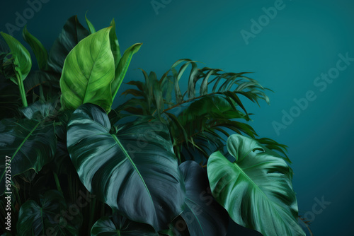Tropical Greenery  A Close-Up of Lush Leaves on Blue Green Background Created with Generative AI and Other Techniques