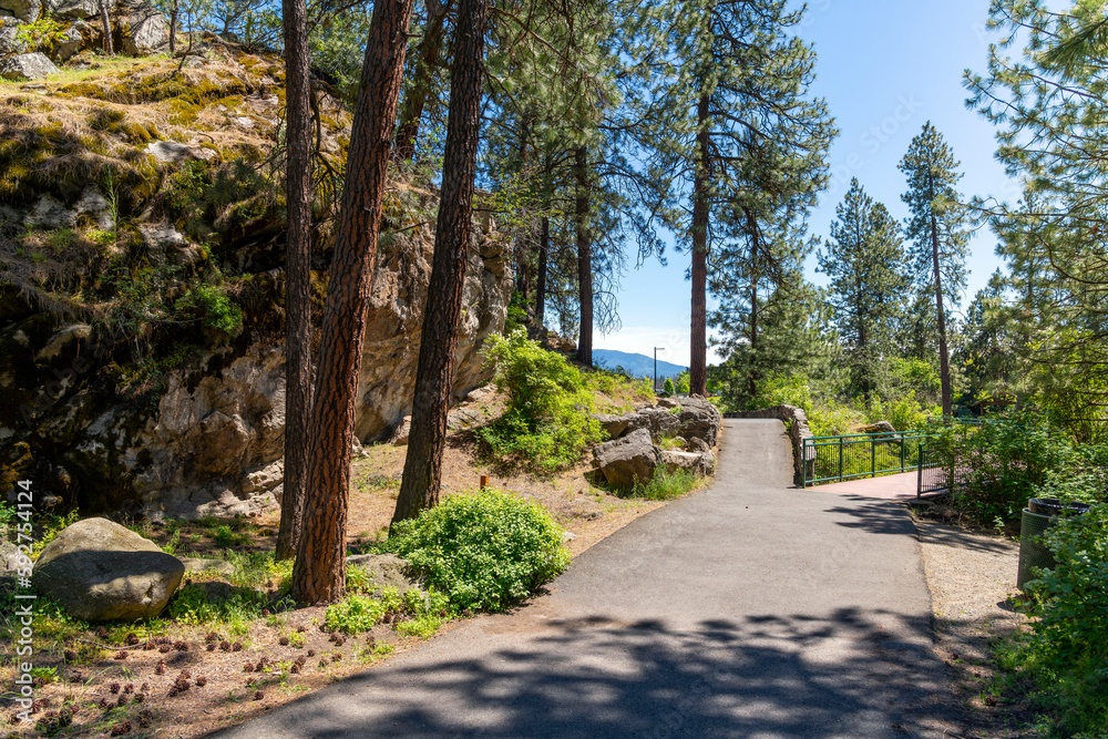 Paved hiking trails through the suburban Mirabeau Point Park in Spokane Valley, Washington, USA on a summer day.	