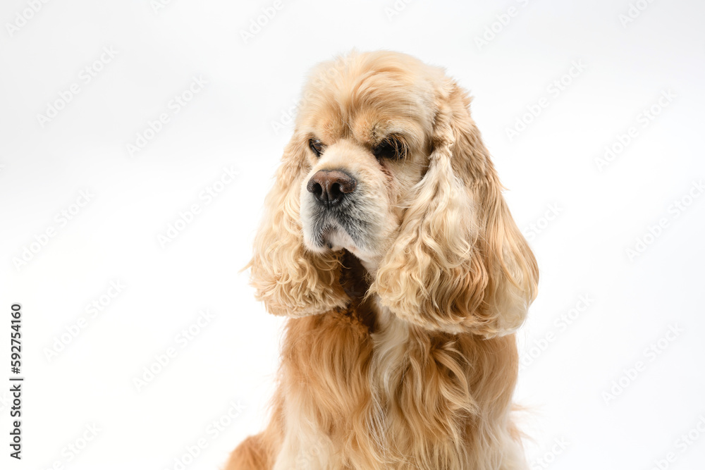 Portrait of an American Cocker Spaniel in front of a white background.