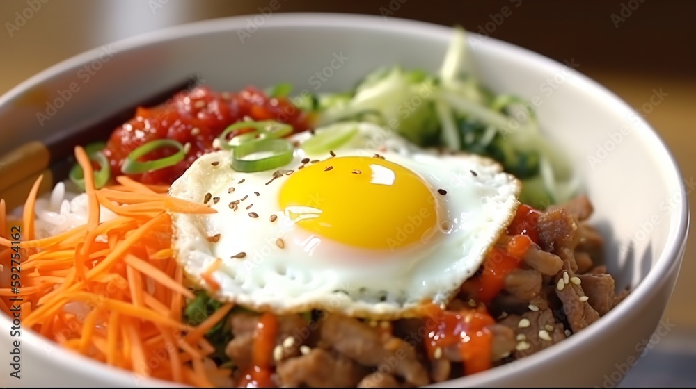 Kimchi Bibimbap - A classic Korean dish with rice, vegetables, beef, and a generous serving of spicy Kimchi on top Kimchi Bibimbap - A classic Korean dish with rice, vegetables, beef, and a generous serving of spicy Kimchi on top