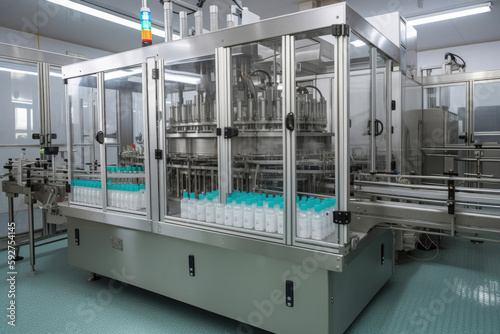 Bottling and packaging of sterile medical products Machine after validation of sterile liquids. Generative AI © Andrii 