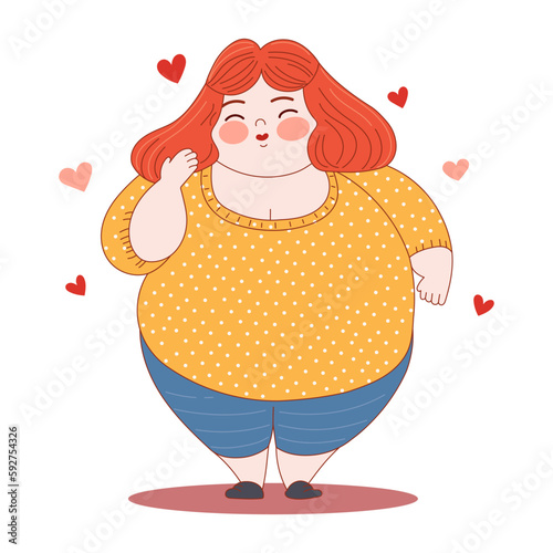 Plus size happy woman. Body positive, self love concept. Active lifestyle illustration