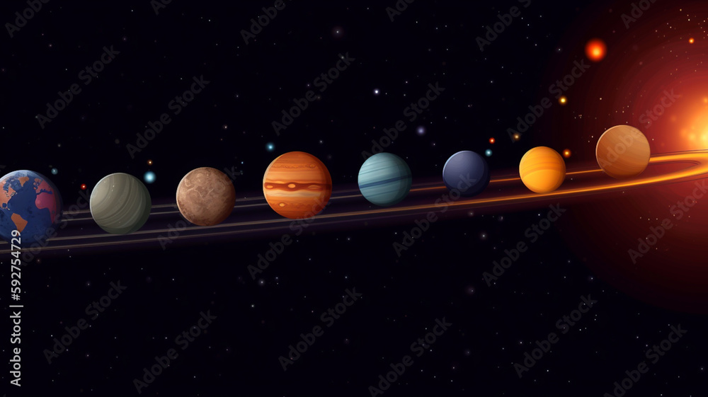 Fototapeta premium Solar system deep space planets and sun, background banner or wallpaper illustration.