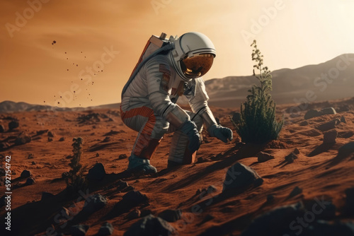 Astronaut planting small green tree on Mars, concept of terraforming red planet. Generative AI