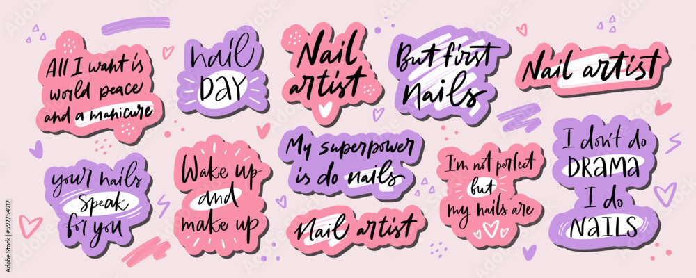 Naklejka premium Set of square stickers about manicure and nail care. Slogan prints to nail studio, fashion master, beauty salon, decorative card. Calligraphy modern style - Vector artwork.