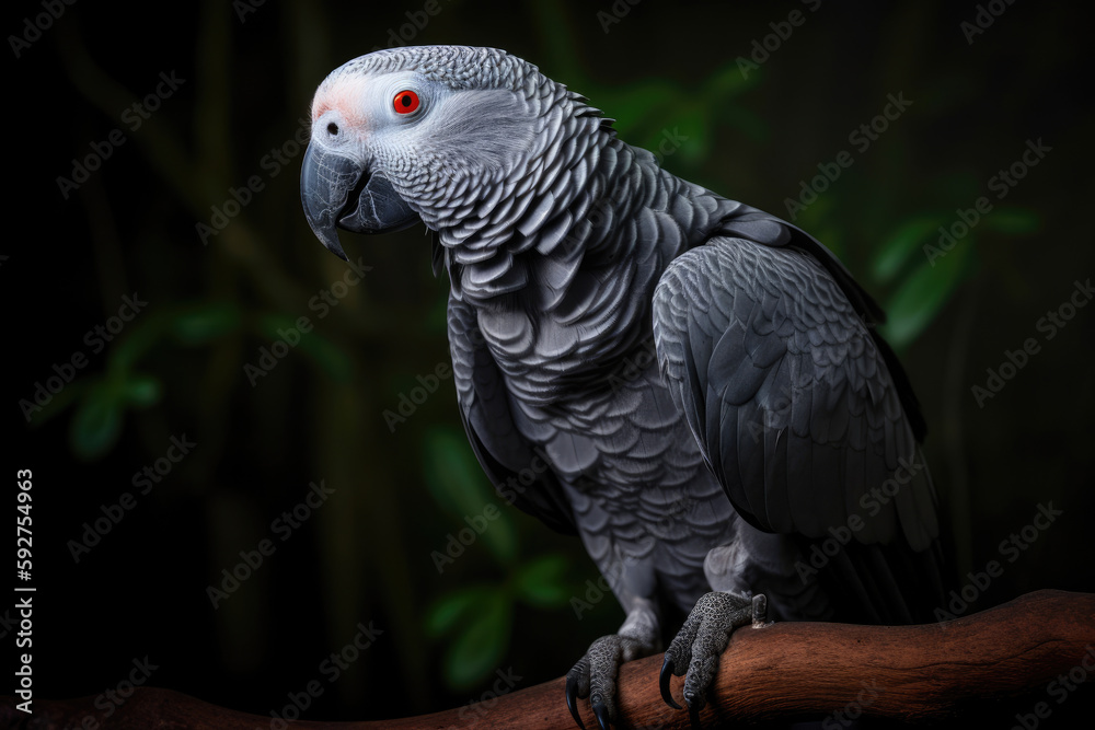 Fototapeta premium Grey Parrot perched on a branch. Generative AI