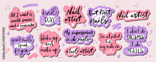 Set of square stickers about manicure and nail care. Slogan prints to nail studio, fashion master, beauty salon, decorative card. Calligraphy modern style - Vector artwork.