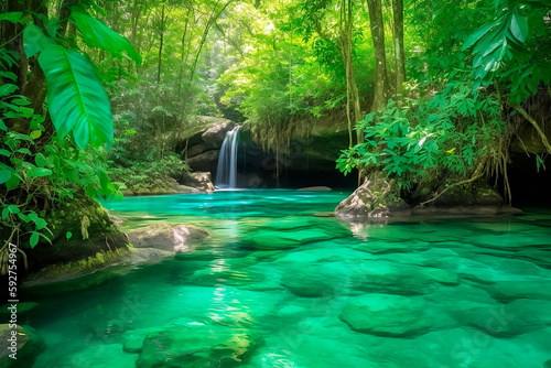 Cachoeira paradisíaca com rio cristalino e vegetação exuberante