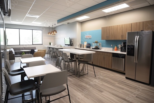 modern breakroom with cozy seating, a fully stocked pantry, recreational activities, and vibrant decor, providing employees with a refreshing space to relax - Generative AI