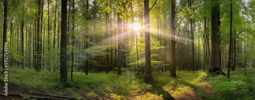 Serene Forest  Sunbeams Peeking Through Green Trees Created with Generative AI and Other Techniques
