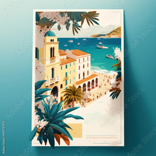 Leinwand Poster Cartel fiesta en la playa, porter pueblo costero, costa brava en España, Costa A