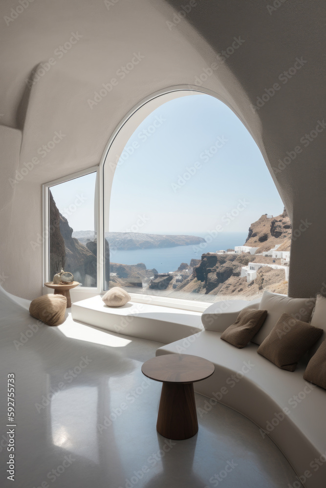 Salón blanco con vistas al mar en una isla del mediterráneo, estilo ibicenco, hecho con IA