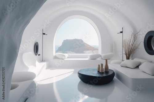 Salón blanco con impresionantes vistas al mar, casa en islas griegas, hecho con IA