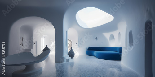 Impresionante salón blanco con muebles azules, interiorismo casa en Santorini, alquiler vacacional en Grecia, hecho con IA photo