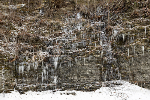 Water seeping out of a rock wall forms natural icicles along the gorge trail at Buttermilk Falls State Park  Ithaca  New York  USA