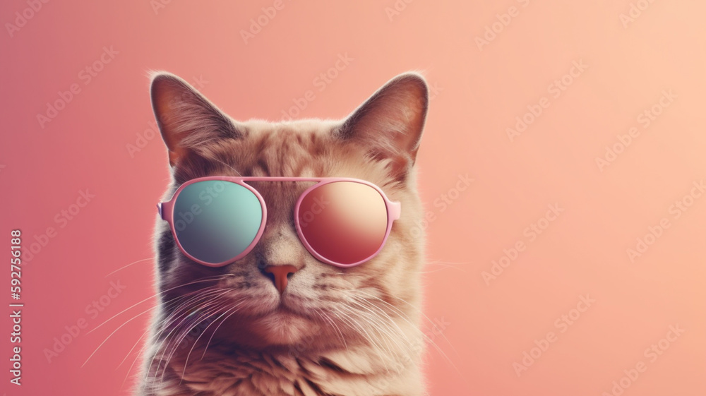 Cute cat animal with sunglasses on pastel background with copy space, summer vibes