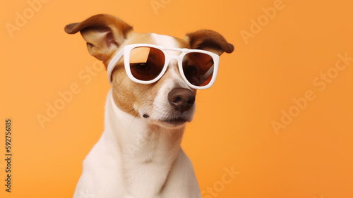 Cute dog animal with sunglasses on pastel background with copy space, summer vibes © Artofinnovation