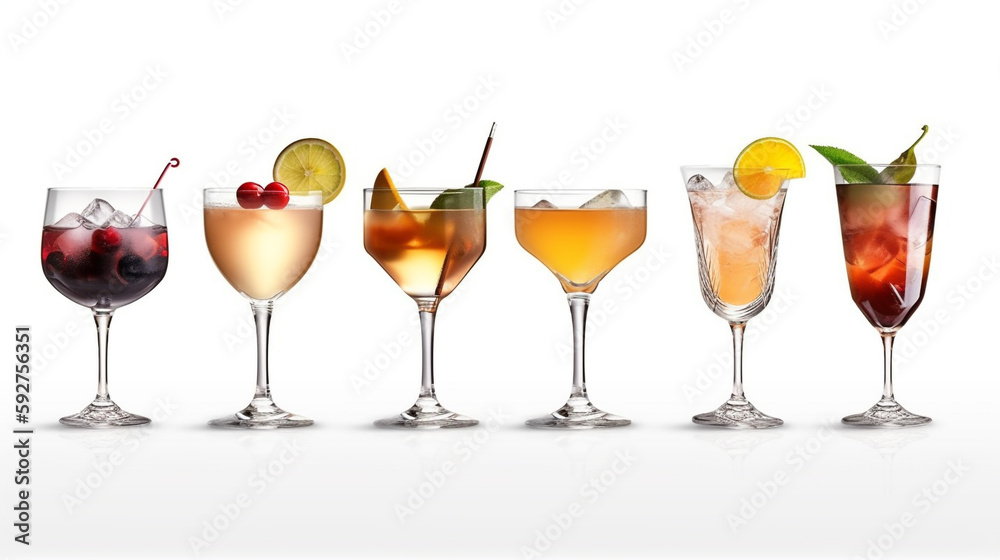 variety of cocktail drinks  on white background with space for text, copy space, Created using generative AI tools.