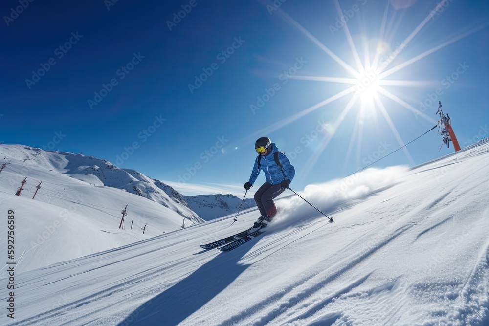 Winter Ski Fun: Skier soars Through Bright Sunshine and Blue Sky at Ski Resort: Generative AI