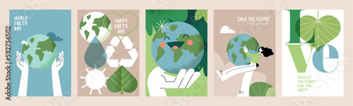 Earth day poster set. Vector illustrations for graphic and web design, business presentation, marketing and print material.