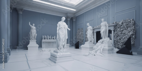 Sala de exposiciones esculturas clásicas, museo arte renacentista, esculturas griegas, galería aesthetic, IA generativa 