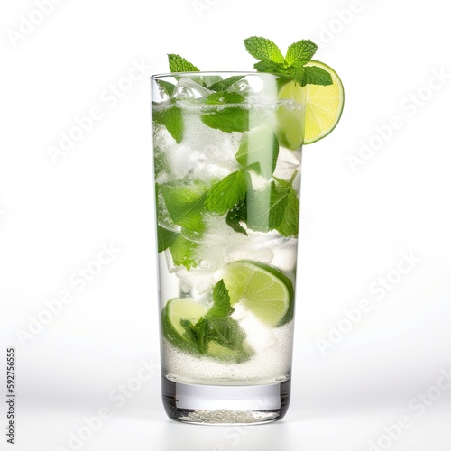 Taste the Summer: Refreshing Cold Gourmet Mojito Served in a Tall Glass with Ice, Lime, Lemon and Mint. Generative AI