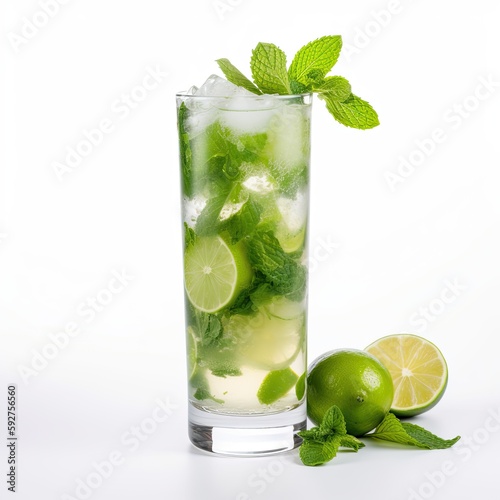 Tropical Refreshing Taste: Gourmet Mojito with Ice, Lime and Lemon in a Tall Glass - Isolated on White: Generative AI