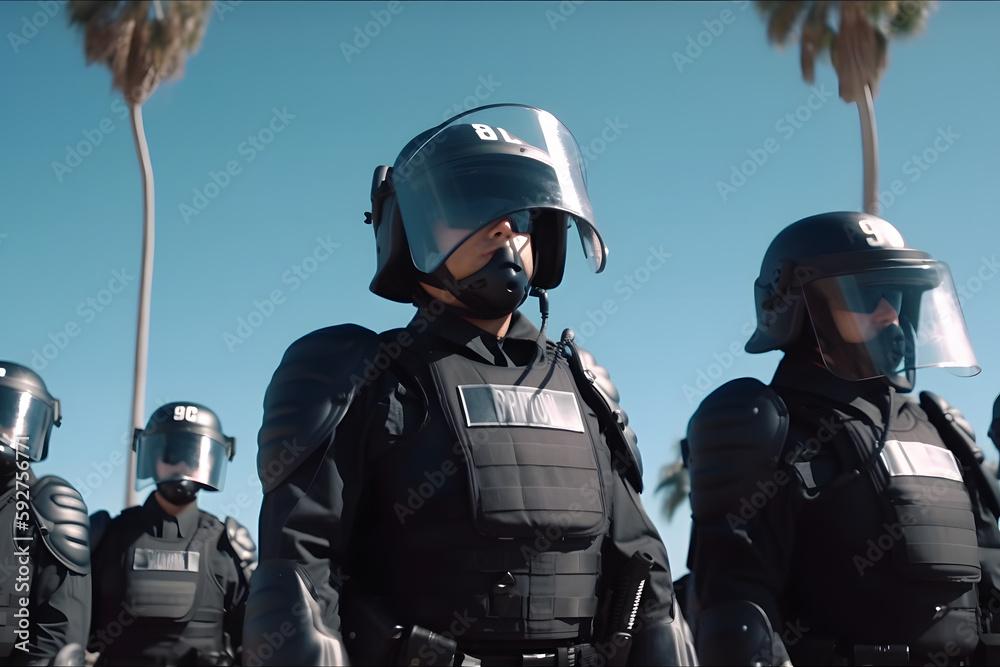 Low angle of anonymous police soldiers in protective uniforms and ...