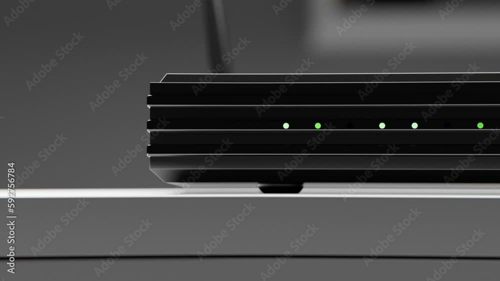 Black Wifi network router in interior. Camera moves. High quality 3d rendered 4k footage